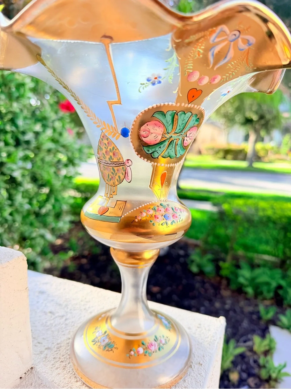 Bohemian Czech Vtg. Satin Glass Pedestal Vase Hand Painted Gold Gilt Ruffled Rim